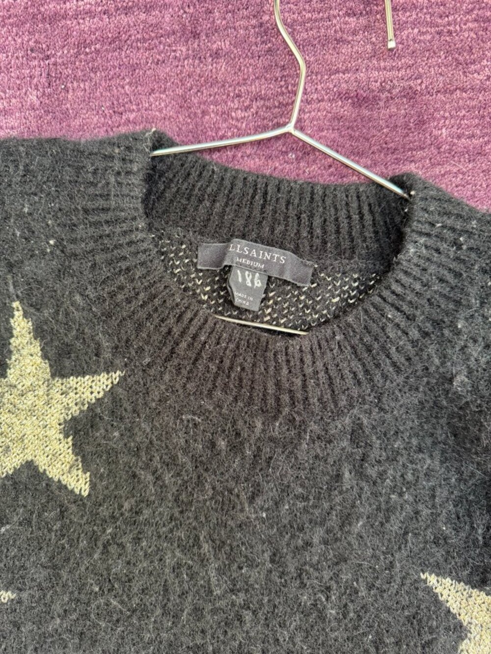 AllSaints Metallic Star Alpaca Wool Sweater Black Gold M